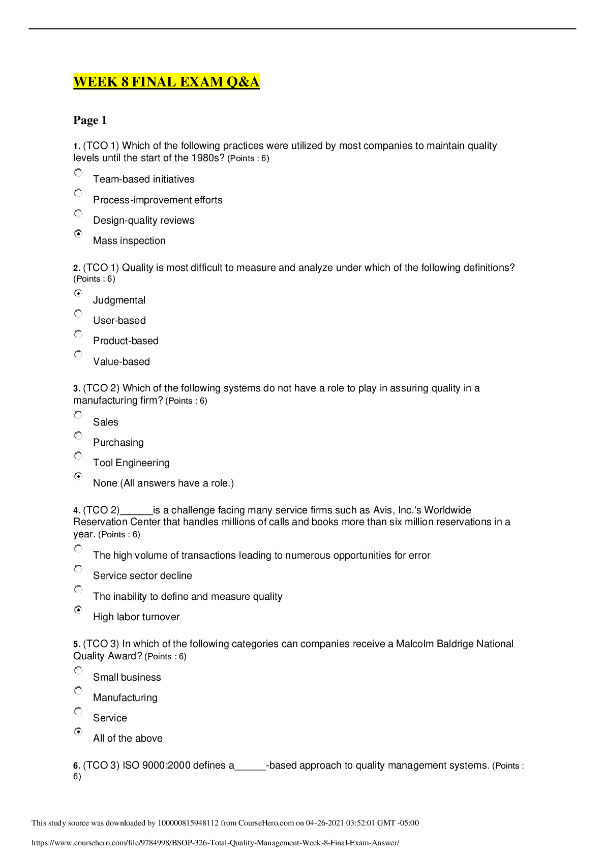 Preview image of BSOP-326 Total Quality Management Week 8 Final Exam _Answer document